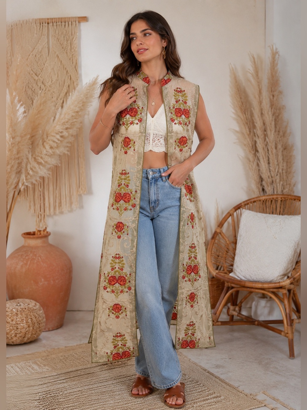 Vintage Kashmiri Aari Embroidered Sheer Open Jacket / Duster Vest – Boho Luxe